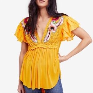 Free People Women's Fiesta Nueva Embroidered Tunic Mustard Yellow Size Small
